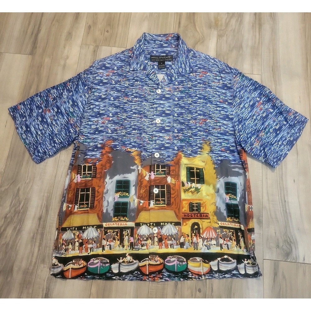 Guy Buffet Shirt Mens Medium Paris Market Silk Short Sleeve Button Front